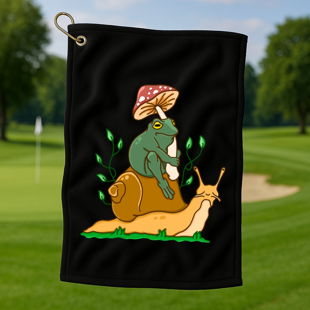 Cute Frog Riding A Snail A Whimsical Illustration Golf Towel