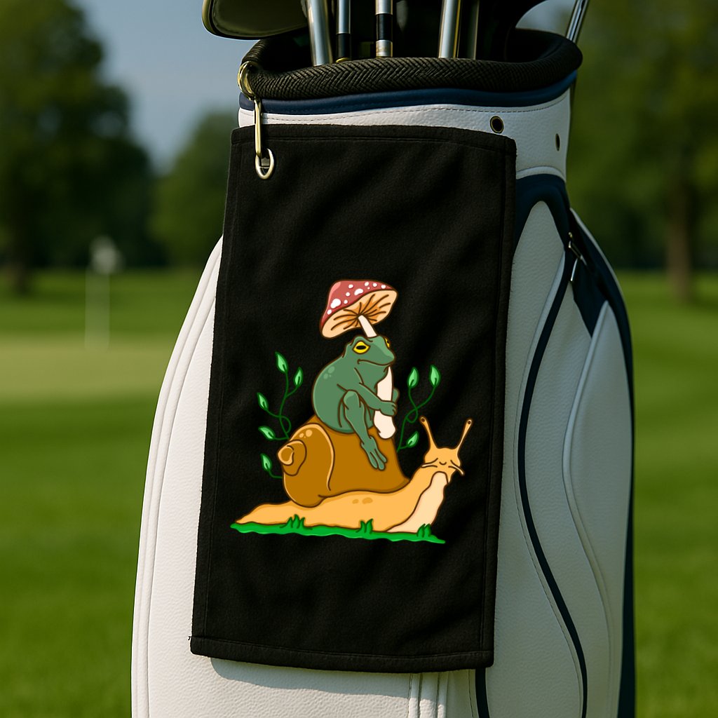Cute Frog Riding A Snail A Whimsical Illustration Golf Towel