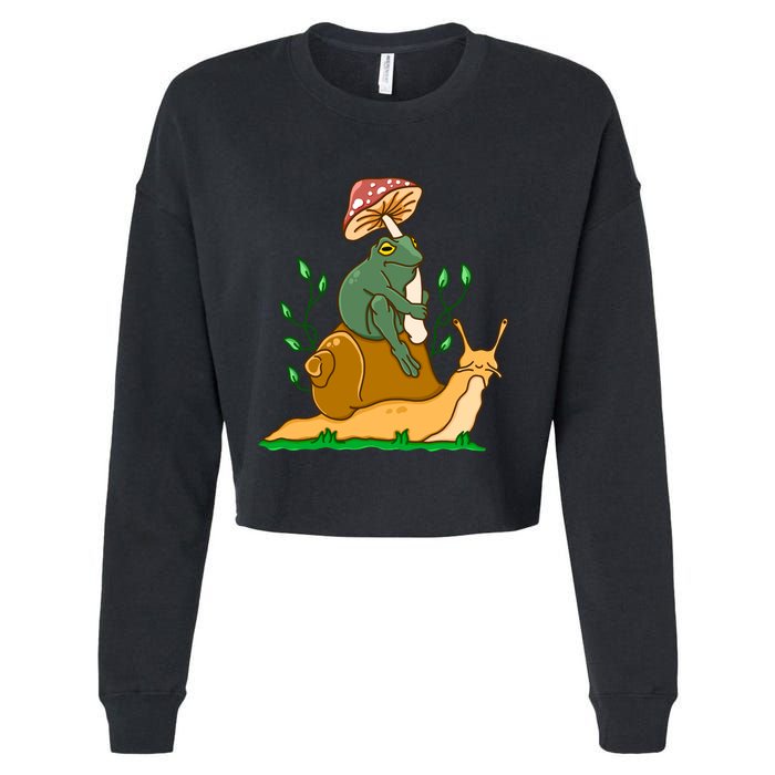 Cute Frog Riding A Snail A Whimsical Illustration Cropped Pullover Crew