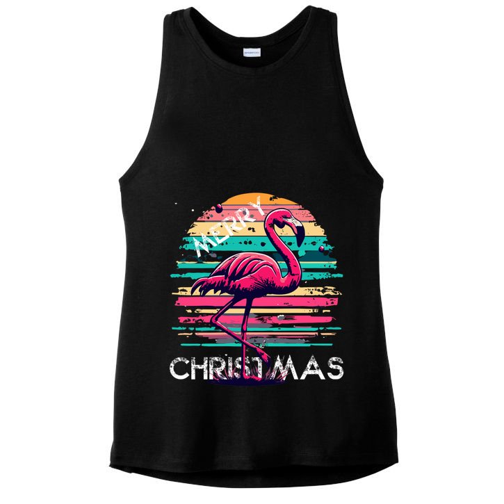 Christmas Flamingo Retro Sunset Pink Flamingo Xmas Gift Ladies PosiCharge Tri-Blend Wicking Tank