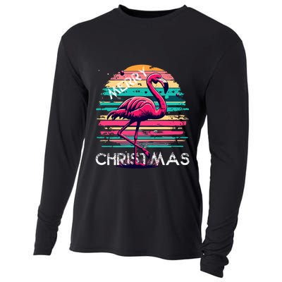 Christmas Flamingo Retro Sunset Pink Flamingo Xmas Gift Cooling Performance Long Sleeve Crew