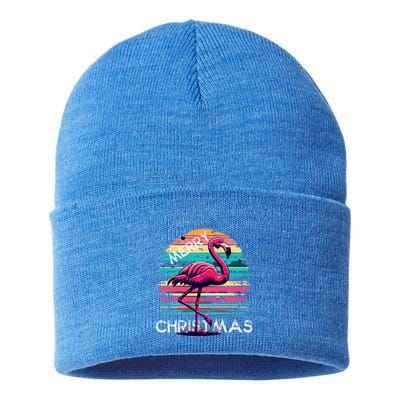Christmas Flamingo Retro Sunset Pink Flamingo Xmas Gift Sustainable Knit Beanie