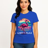 Christmas Flamingo Retro Sunset Pink Flamingo Xmas Gift Womens T-Shirt