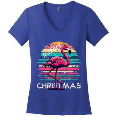 Christmas Flamingo Retro Sunset Pink Flamingo Xmas Gift Women's V-Neck T-Shirt