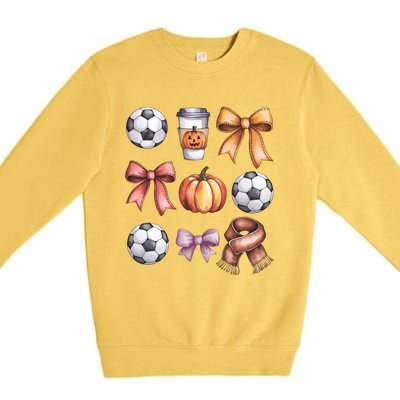 Coquette Fall Soccer Autumn Bow Pumpkin Thanksgiving Premium Crewneck Sweatshirt