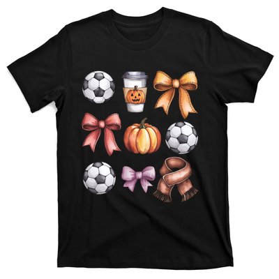 Coquette Fall Soccer Autumn Bow Pumpkin Thanksgiving T-Shirt