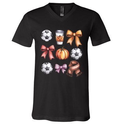 Coquette Fall Soccer Autumn Bow Pumpkin Thanksgiving V-Neck T-Shirt