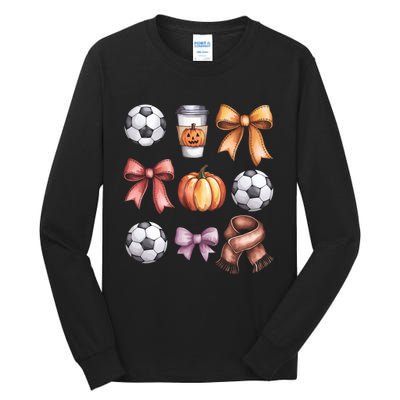 Coquette Fall Soccer Autumn Bow Pumpkin Thanksgiving Tall Long Sleeve T-Shirt