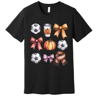 Coquette Fall Soccer Autumn Bow Pumpkin Thanksgiving Premium T-Shirt