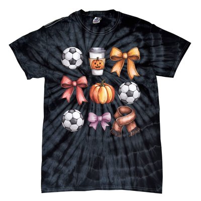 Coquette Fall Soccer Autumn Bow Pumpkin Thanksgiving Tie-Dye T-Shirt