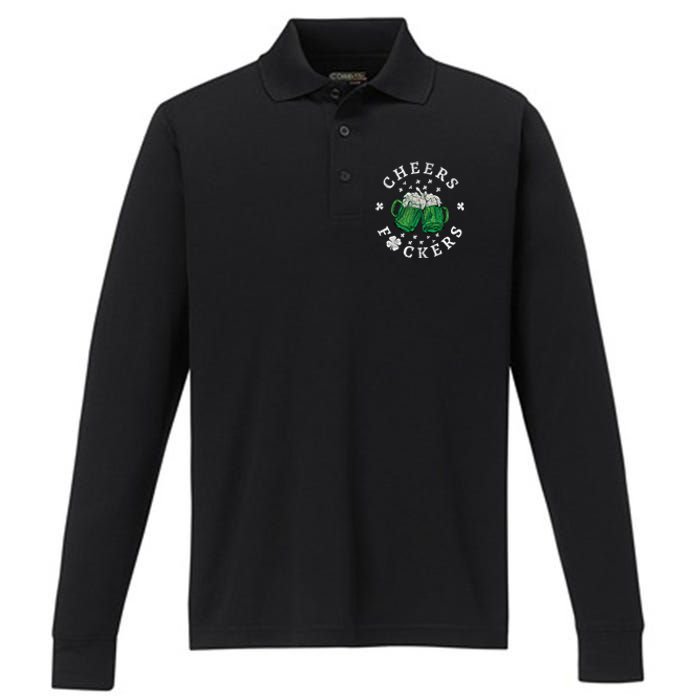 Cheers Fckers St Patricks Day Beer Drinking Funny Gift Performance Long Sleeve Polo