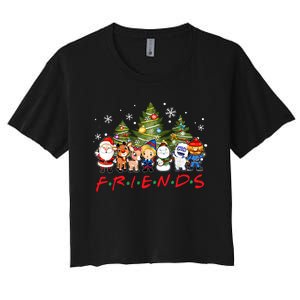 Christmas Friends Santa Rudolph Snowman Family Xmas Pajamas Women's Crop Top Tee