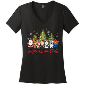 Christmas Friends Santa Rudolph Snowman Family Xmas Pajamas Women's V-Neck T-Shirt