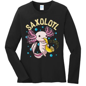 Cute & Funny Saxolotl Adorable Sax Playing Axolotl Animal Ladies Long Sleeve Shirt