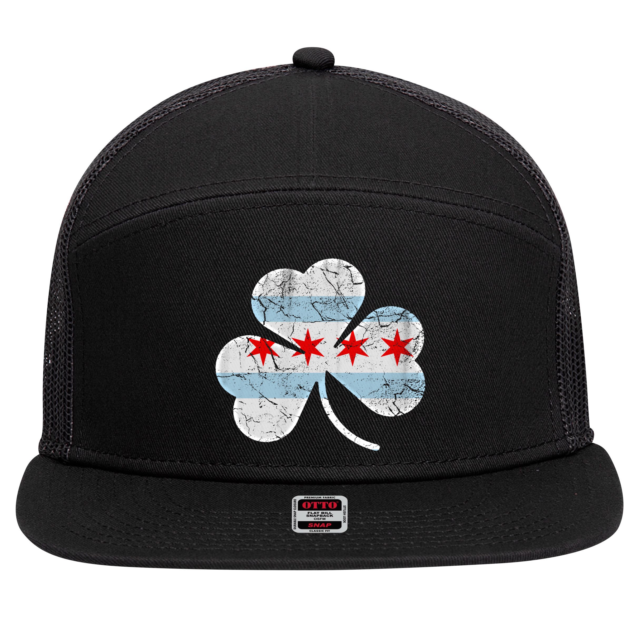 Chicago Flag Shamrock Irish St Patricks Day Family Funny Gift 7 Panel Mesh Trucker Snapback Hat