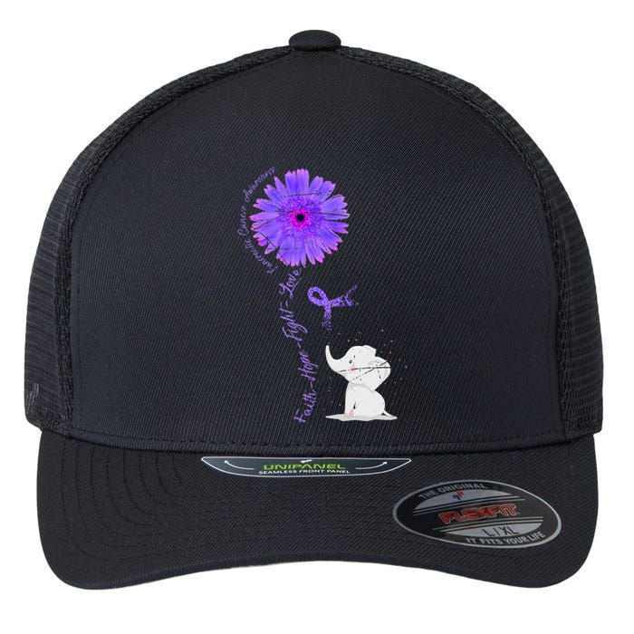 Cancer Fight Support Purple Ribbon Gift Pancreatic Cancer Flexfit Unipanel Trucker Cap