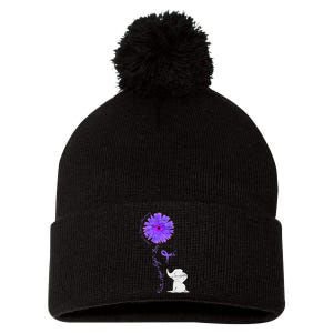 Cancer Fight Support Purple Ribbon Gift Pancreatic Cancer Pom Pom 12in Knit Beanie