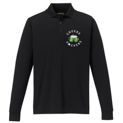 Cheers Fuckers St Patricks Day Funny Beer Drinking Mugs Performance Long Sleeve Polo