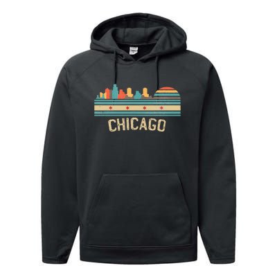 Chicago Flag Skyline Vintage Illinois City Retro Souvenir Performance Fleece Hoodie