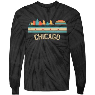 Chicago Flag Skyline Vintage Illinois City Retro Souvenir Tie-Dye Long Sleeve Shirt