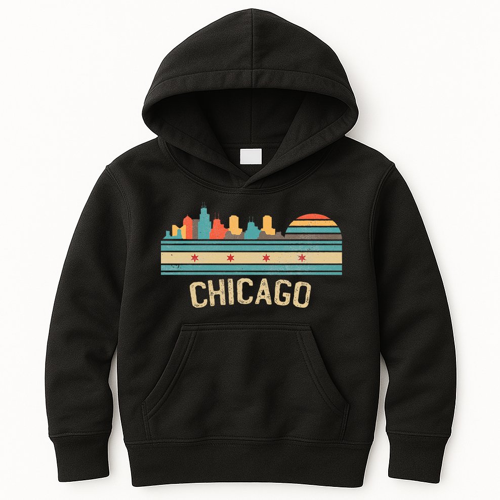 Chicago Flag Skyline Vintage Illinois City Retro Souvenir Kids Hoodie