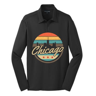 Chicago Flag Skyline Vintage Illinois Usa Souvenir Silk Touch Performance Long Sleeve Polo