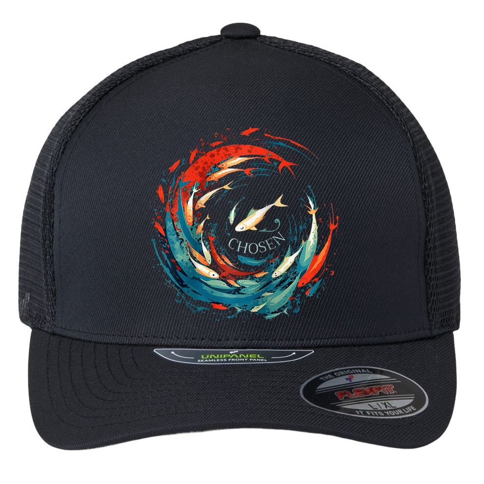 Chosen Fish Swim Against The Current Bible Verse Christian Flexfit Unipanel Trucker Cap