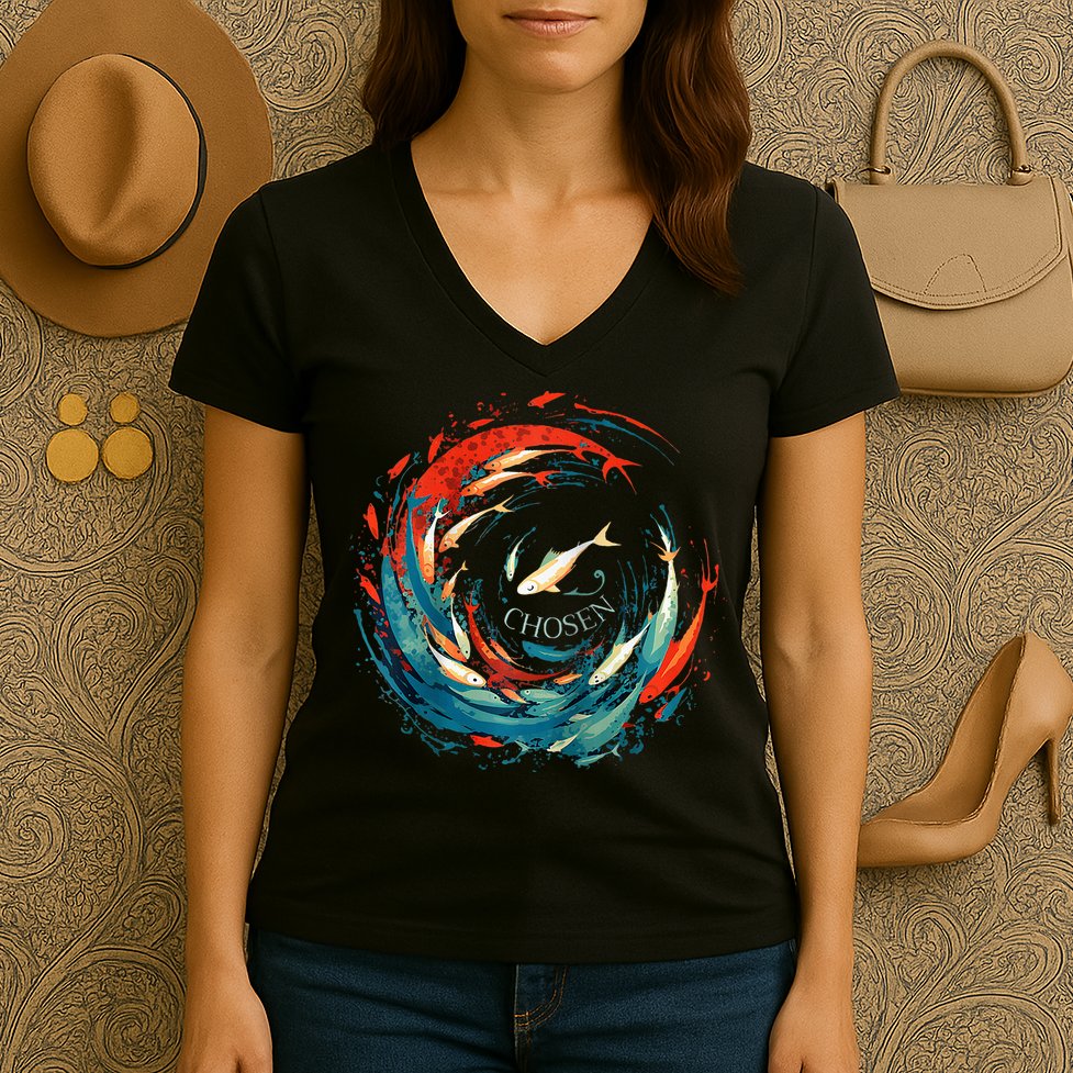 Chosen Fish Swim Against The Current Bible Verse Christian Women's V-Neck T-Shirt