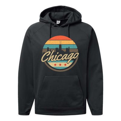 Chicago Flag Skyline Vintage Illinois Usa Souvenir Performance Fleece Hoodie