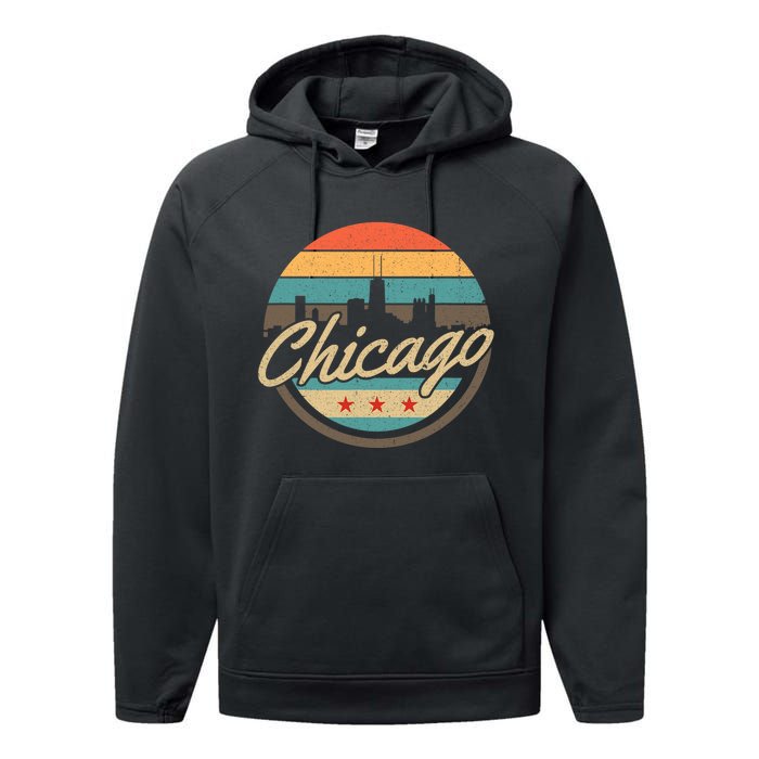 Chicago Flag Skyline Vintage Illinois Usa Souvenir Performance Fleece Hoodie