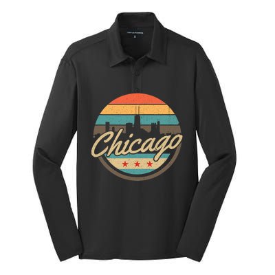 Chicago Flag Skyline Vintage Illinois Usa Souvenir Silk Touch Performance Long Sleeve Polo