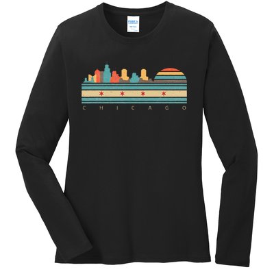 Chicago Flag Skyline Vintage Illinois City Retro Souvenir Ladies Long Sleeve Shirt