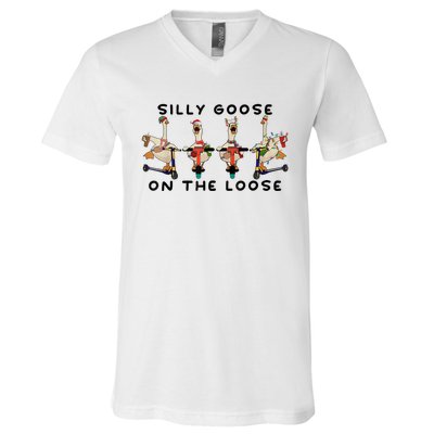 Cute Funny Santa Duck Silly Goose On The Loose Christmas V-Neck T-Shirt