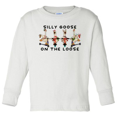 Cute Funny Santa Duck Silly Goose On The Loose Christmas Toddler Long Sleeve Shirt