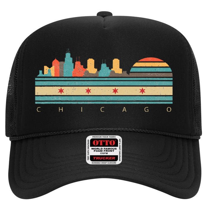 Chicago Flag Skyline Vintage Illinois City Retro Souvenir High Crown Mesh Back Trucker Hat