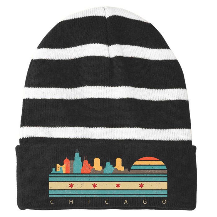 Chicago Flag Skyline Vintage Illinois City Retro Souvenir Striped Beanie with Solid Band