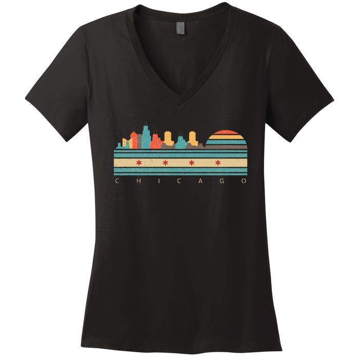 Chicago Flag Skyline Vintage Illinois City Retro Souvenir Women's V-Neck T-Shirt