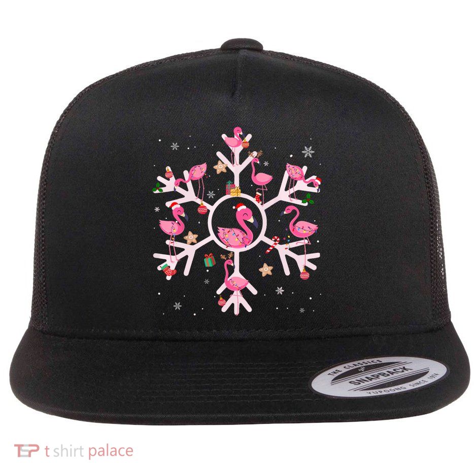 Christmas Flamingo Santa Hat Xmas Lights Flamingo Snowflakes Flat Bill Trucker Hat