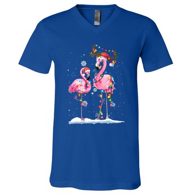 Christmas Flamingo Santa Hat Xmas Lights Flamingo Loves Gift V-Neck T-Shirt