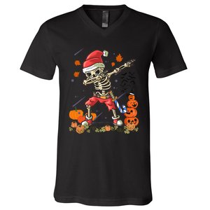 Christmas Funny Santa Skeleton Dabbing Halloween Costume Fun V-Neck T-Shirt