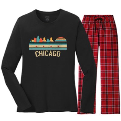 Chicago Flag Skyline Vintage Illinois City Women's Long Sleeve Flannel Pajama Set 