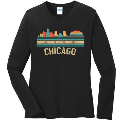 Chicago Flag Skyline Vintage Illinois City Ladies Long Sleeve Shirt