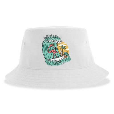 Cute Flamingo Surfing The Sea Holiday Gift Surf Sustainable Bucket Hat
