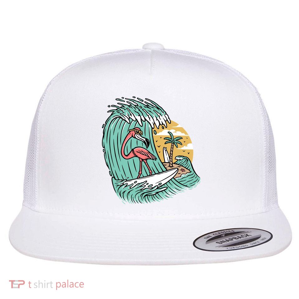 Cute Flamingo Surfing The Sea Holiday Gift Surf Flatbill Hat
