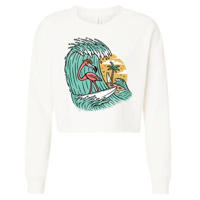 Cute Flamingo Surfing The Sea Holiday Gift Surf Cropped Pullover Crew
