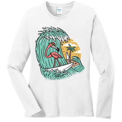 Cute Flamingo Surfing The Sea Holiday Gift Surf Ladies Long Sleeve Shirt