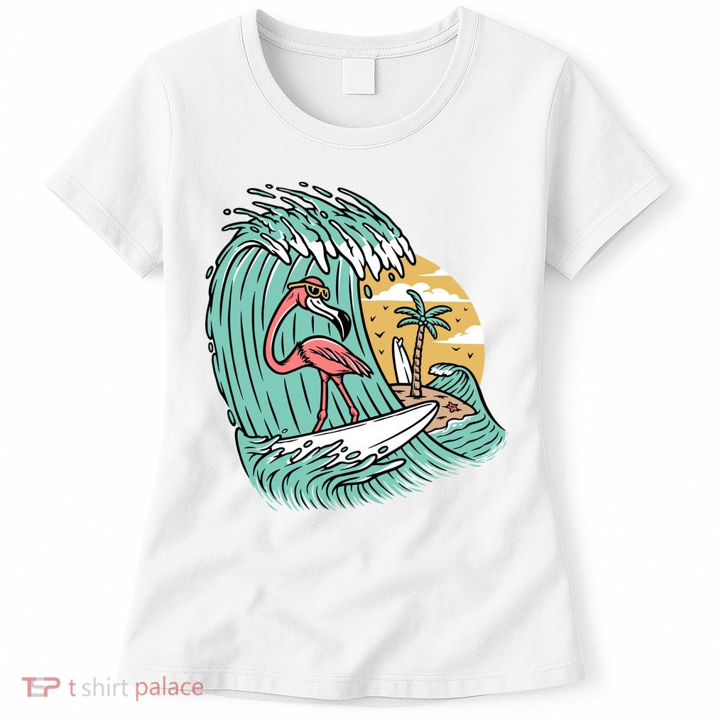 Cute Flamingo Surfing The Sea Holiday Gift Surf Womens T-Shirt