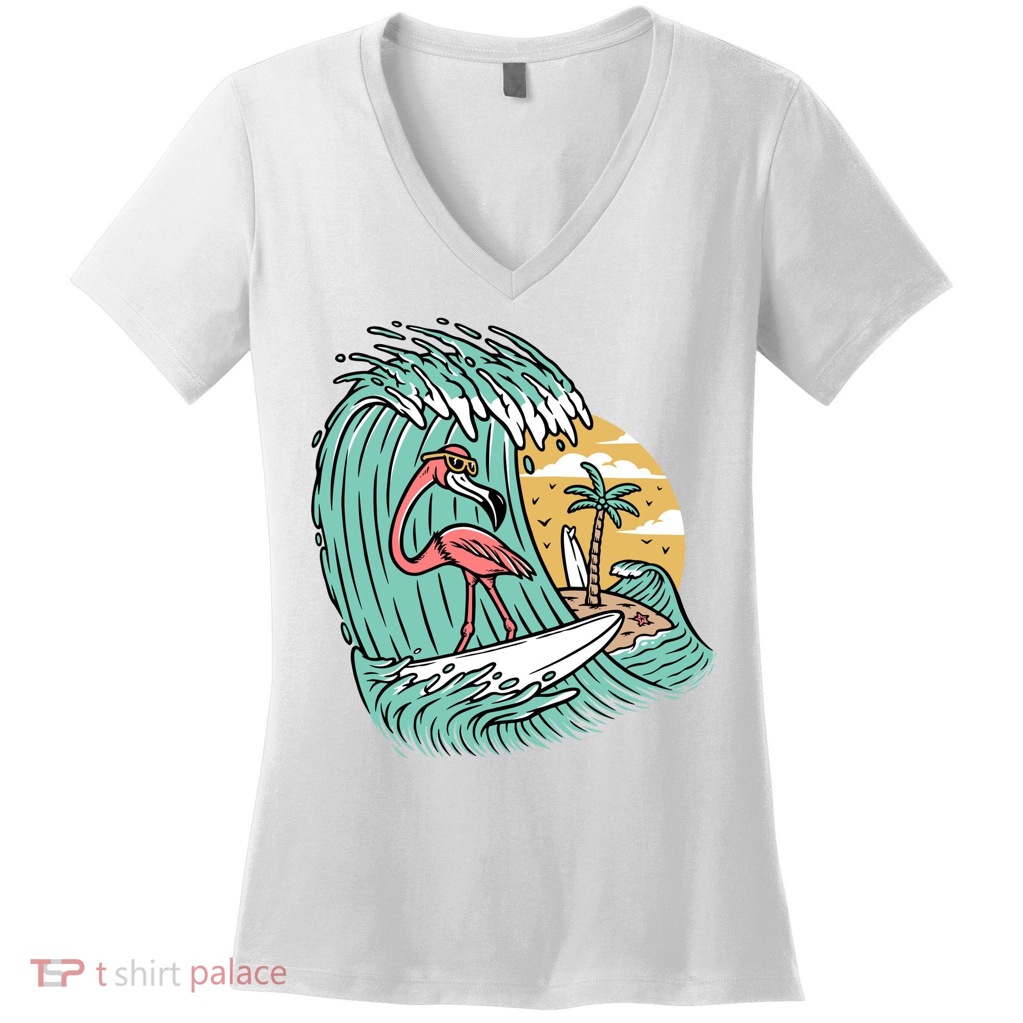 Cute Flamingo Surfing The Sea Holiday Gift Surf Women's V-Neck T-Shirt