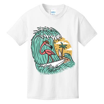 Cute Flamingo Surfing The Sea Holiday Gift Surf Kids T-Shirt