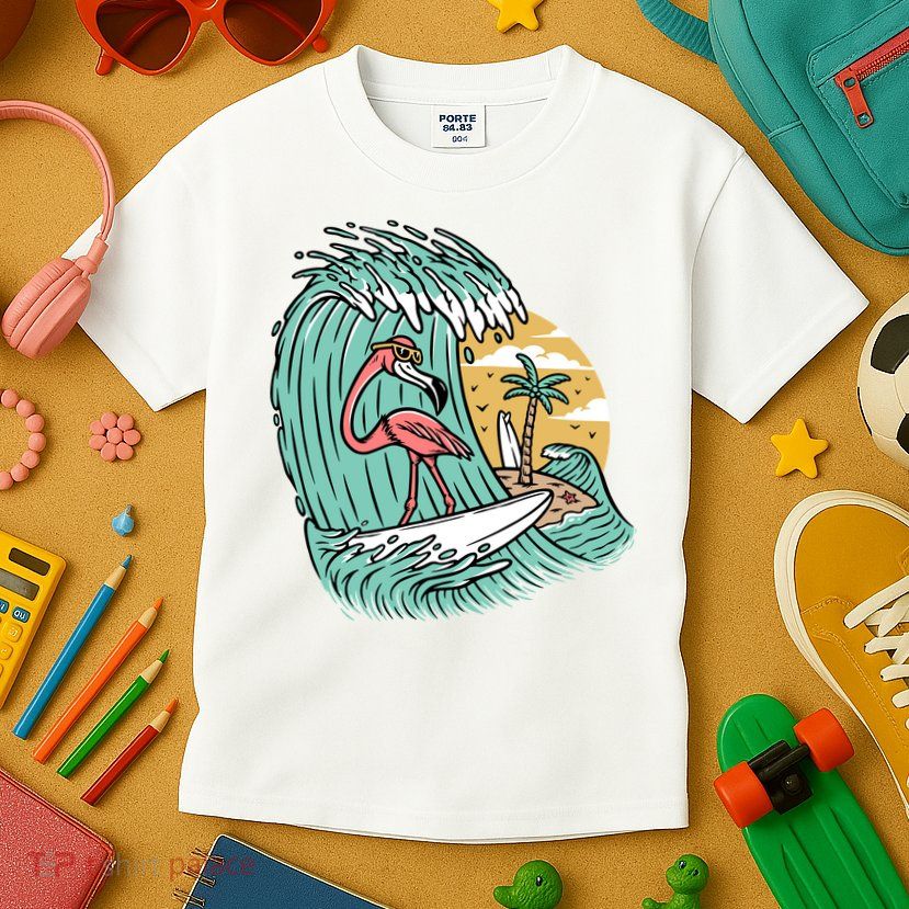 Cute Flamingo Surfing The Sea Holiday Gift Surf Kids T-Shirt